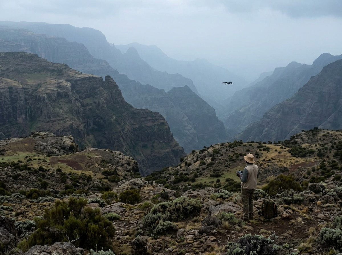 Geologist operating a survey drone in the Ethiopian highlands, mountains in the distance